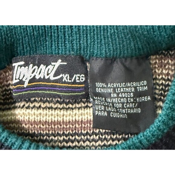 Vintage Impact Mens 80s Retro Tribal Aztec Knit Leather Applique Sweater XL - Picture 4 of 4